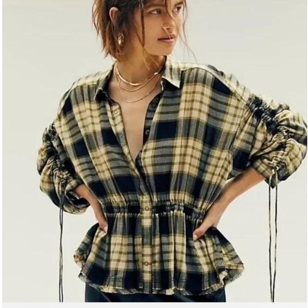 We The Free People Pacific Dawn Plaid Cinched Waist Ruched Sleeve Top XS